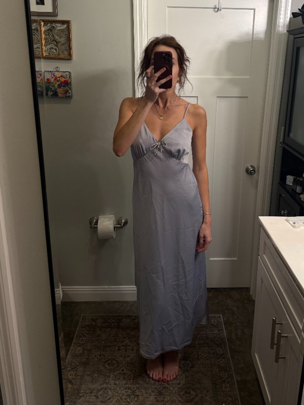 WAYF Lavender Satin Maxi Dress Rhinestone Bow V-Neck // XS